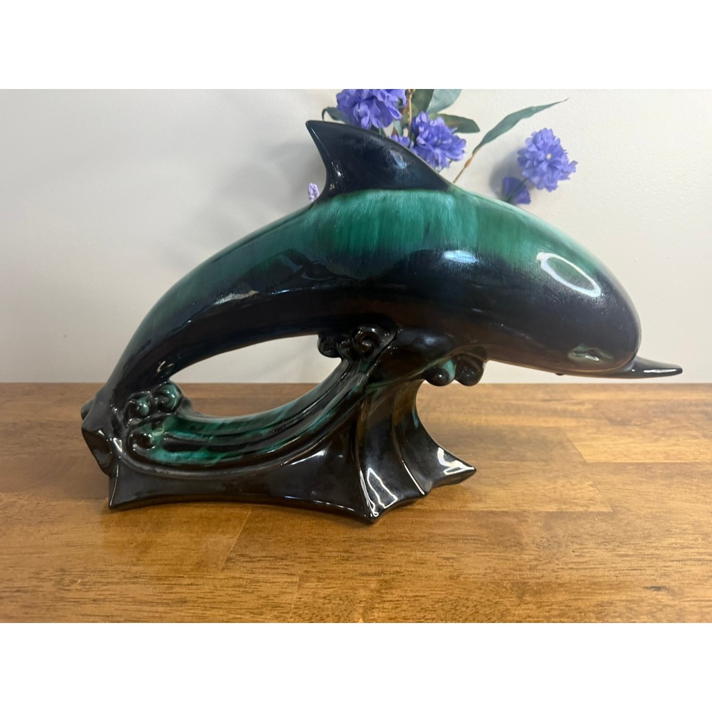 Blue Mountain Pottery Large Dolphin Figurine Green Black Drip Glaze Canada MCM
